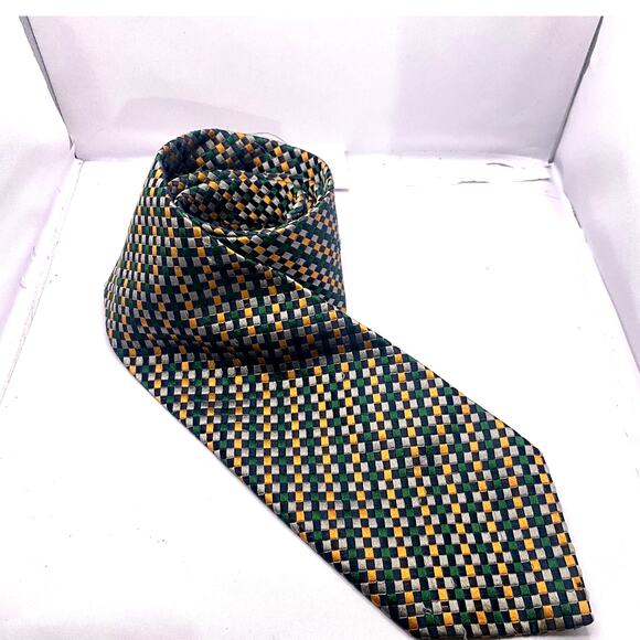 ETRO Woven Check Pattern 100% Silk Tie Green Yellow Grey Made in Italy - Picture 1 of 4